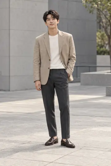 차콜 슬랙스와 베이지 블레이저 전신 코디 사진 (남성 아우터)