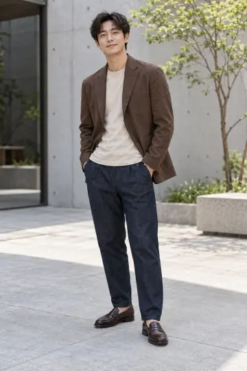 청바지와 브라운 블레이저 전신 코디 사진 (남성 아우터)