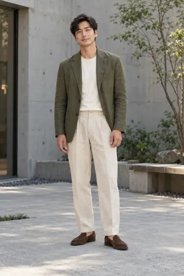 차콜·베이지 톤 슬랙스와 블레이저 전신 코디 사진 (남성 아우터)