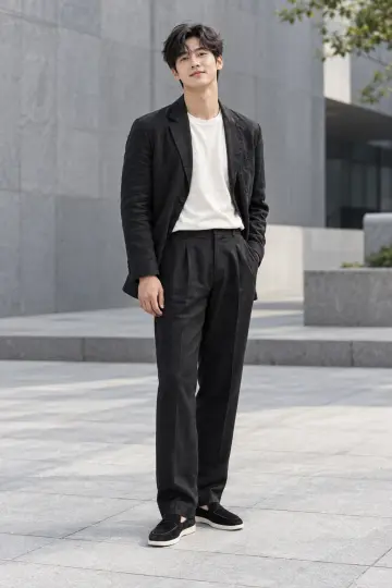 차콜 슬랙스와 블랙 블레이저 전신 코디 사진 (남성 아우터)