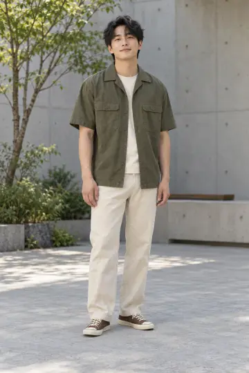 아이보리·그레이 톤 카고팬츠와 셔츠 전신 코디 사진