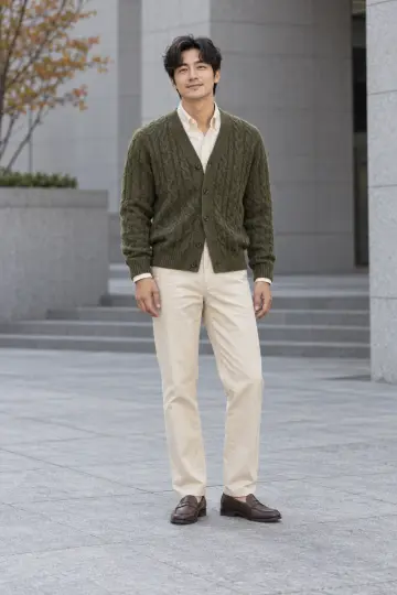 차콜·아이보리 톤 슬랙스와 가디건 전신 코디 사진