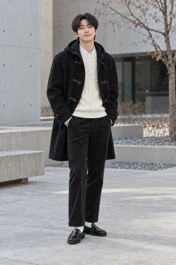 블랙·아이보리 톤 와이드팬츠와 코트 전신 코디 사진 (남성 아우터)