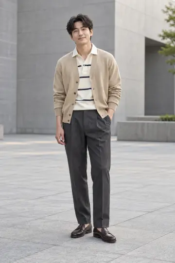 차콜 슬랙스와 가디건 전신 코디 사진