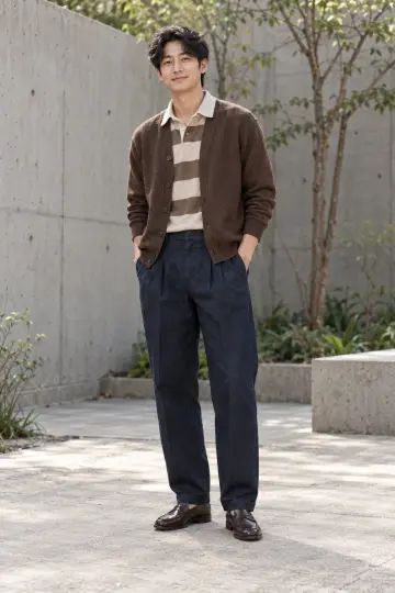 네이비 슬랙스와 브라운 가디건 전신 코디 사진