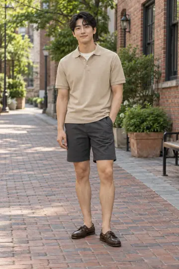 아이보리·베이지 톤 반바지와 카라티 전신 코디 사진 (남자 반팔티)