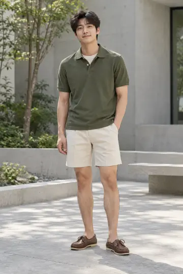 베이지·카멜 톤 반바지와 카라티 전신 코디 사진 (남자 반팔티)
