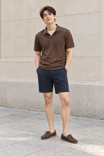 브라운 반바지와 셔츠 전신 코디 사진