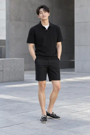화이트·베이지 톤 반바지와 카라티 전신 코디 사진 (남자 반팔티)