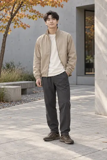 차콜 오버핏 카고팬츠와 블루종 전신 코디 사진 (남성 아우터)