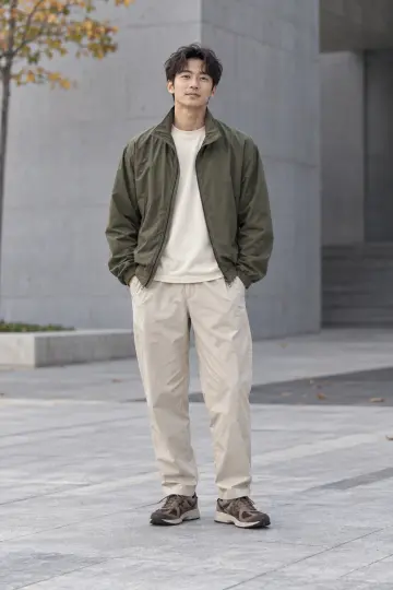 차콜·블랙 톤 오버핏 카고팬츠와 블루종 전신 코디 사진 (남성 아우터)