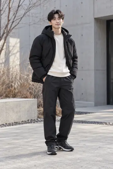 블랙 오버핏 카고팬츠와 블랙 패딩 전신 코디 사진 (남성 패딩)