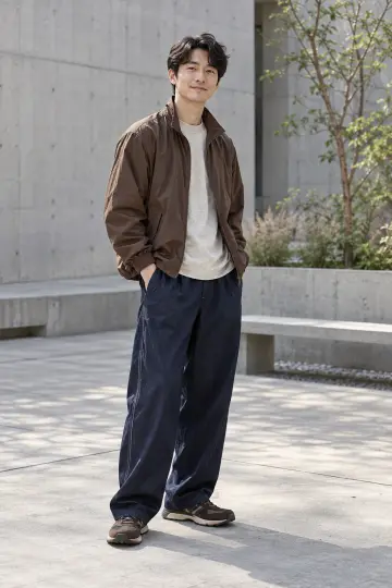 오버핏 청바지와 브라운 블루종 전신 코디 사진 (남성 아우터)