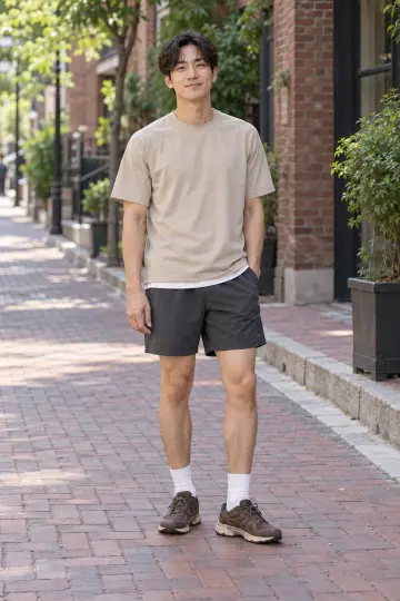 베이지·그레이 톤 반바지와 반팔티 전신 코디 사진 (남자 반팔티)