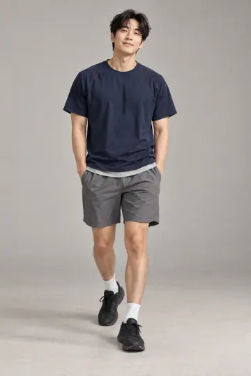 반바지와 네이비 반팔티 전신 코디 사진 (남자 반팔티)