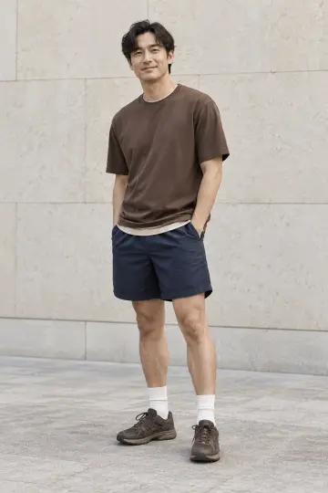 브라운 반바지와 브라운 반팔티 전신 코디 사진 (남자 반팔티)