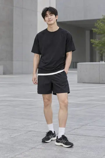 반바지와 블랙 반팔티 전신 코디 사진 (남자 반팔티)