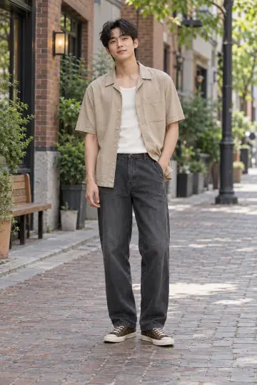 베이지·그레이 톤 청바지와 셔츠 전신 코디 사진