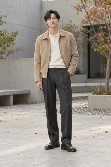 차콜 슬랙스와 블루종 전신 코디 사진 (남성 아우터)