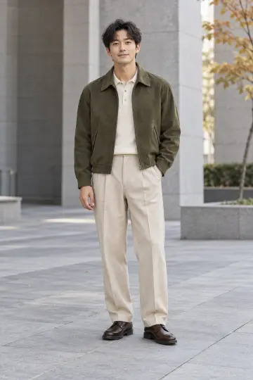 차콜·브라운 톤 슬랙스와 블루종 전신 코디 사진 (남성 아우터)