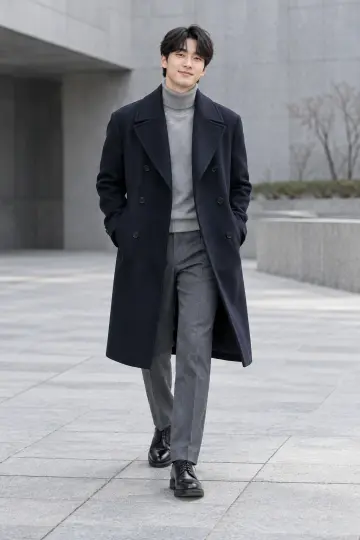 그레이 슬랙스와 네이비 코트 전신 코디 사진 (남성 아우터)