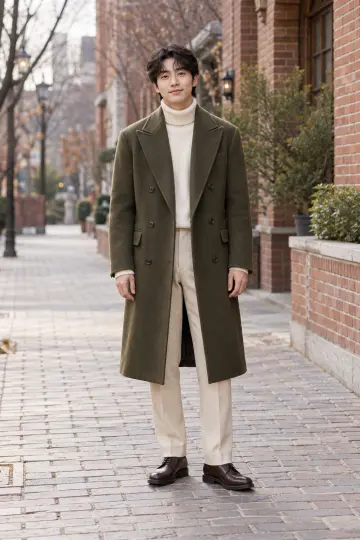 블랙·차콜 톤 슬랙스와 코트 전신 코디 사진 (남성 아우터)