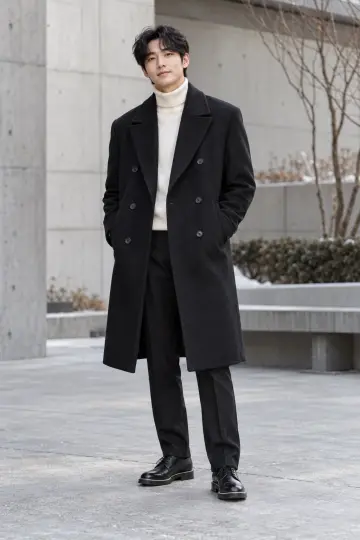 블랙 슬랙스와 블랙 코트 전신 코디 사진 (남성 아우터)