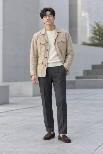 차콜 슬랙스와 재킷 전신 코디 사진 (남성 아우터)