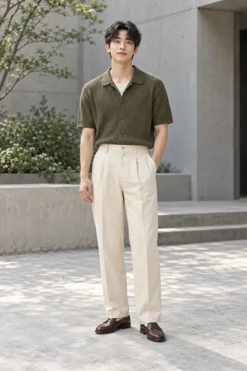 아이보리·차콜 톤 슬랙스와 셔츠 전신 코디 사진