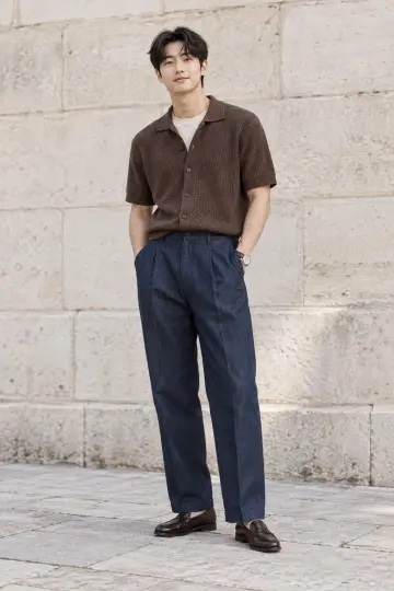 아이보리·카멜 톤 청바지와 셔츠 전신 코디 사진