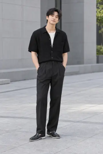 블랙 오버핏 슬랙스와 니트 전신 코디 사진 (여름 니트)