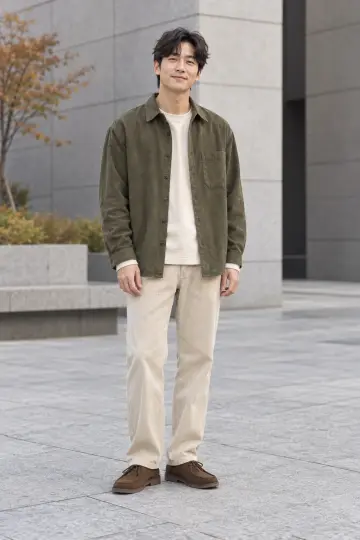 브라운·차콜 톤 오버핏 재킷과 셔츠 전신 코디 사진 (남성 아우터)