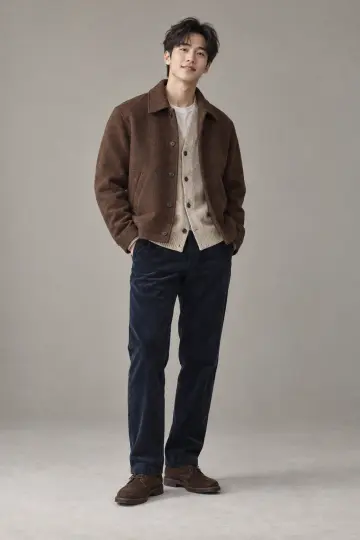 청바지와 브라운 블루종 전신 코디 사진 (겨울 잠바)
