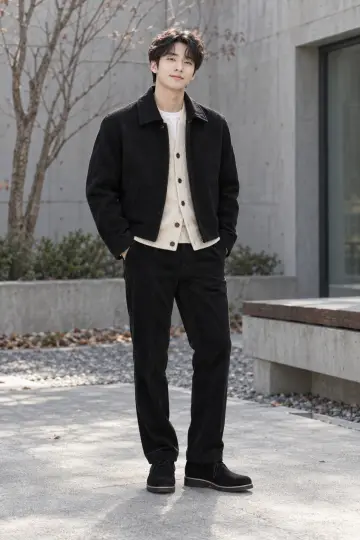 블랙 슬랙스와 블랙 블루종 전신 코디 사진 (겨울 잠바)