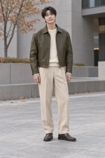 차콜·블랙 톤 슬랙스와 레더자켓 전신 코디 사진 (남성 아우터)