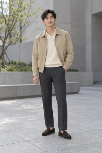차콜 슬랙스와 베이지 블루종 전신 코디 사진 (남성 아우터)