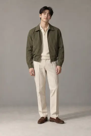 브라운·블랙 톤 슬랙스와 블루종 전신 코디 사진 (남성 아우터)