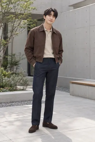 청바지와 브라운 블루종 전신 코디 사진 (남성 아우터)