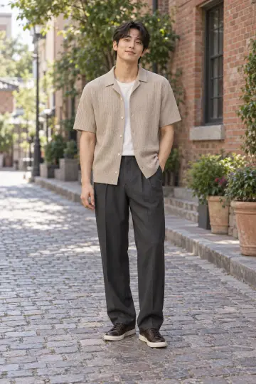 차콜 슬랙스와 베이지 가디건 전신 코디 사진
