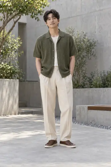 차콜·아이보리 톤 슬랙스와 가디건 전신 코디 사진