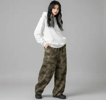 화이트·차콜 톤 와이드팬츠와 후드티 전신 코디 사진