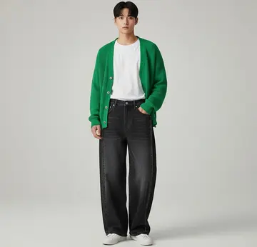 블랙·화이트 톤 와이드팬츠와 가디건 전신 코디 사진
