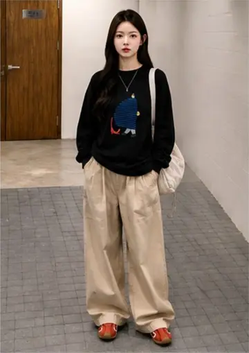 블랙·베이지 톤 오버핏 긴팔티와 와이드팬츠 전신 코디 사진