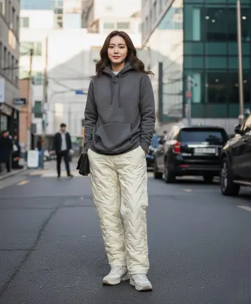 차콜·스카이블루 톤 패딩팬츠와 집업 전신 코디 사진