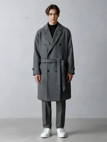 차콜·블랙 톤 울 코트와 슬랙스 전신 코디 사진