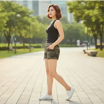 차콜·베이지 톤 반바지와 나시 전신 코디 사진