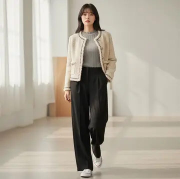 블랙 와이드 슬랙스와 베이지 재킷 전신 코디 사진