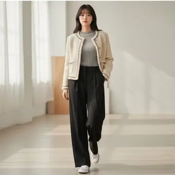 블랙·카키 톤 와이드 슬랙스와 재킷 전신 코디 사진