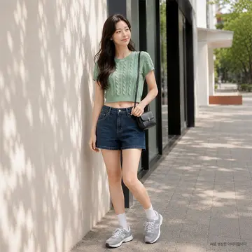 꽈배기 니트와 네이비 반바지 전신 코디 사진