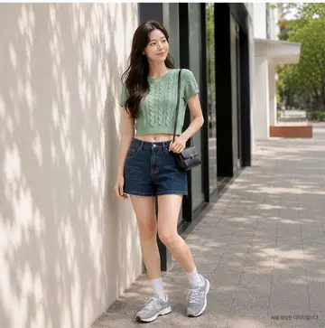 그레이·블랙 톤 꽈배기 니트와 반바지 전신 코디 사진